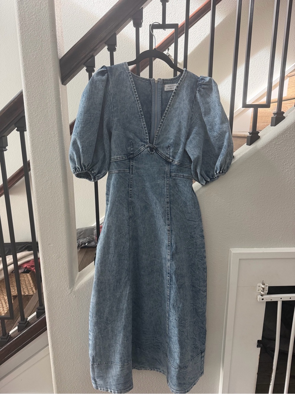 Denim Puff-Sleeve Midi Dress - Blue